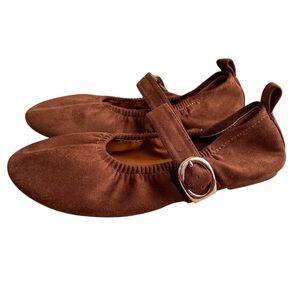 VOLEECE Brown Suede Ruched Ballet Flats Buckle Strap Mary Jane Round Toe Size 8